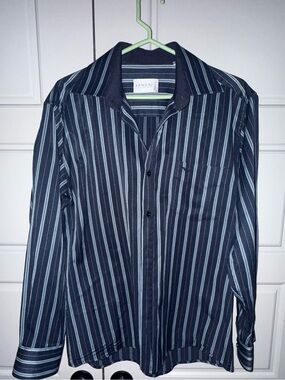 Armani Collezioni Navy and White Vertical Stripe Button-Down Shirt